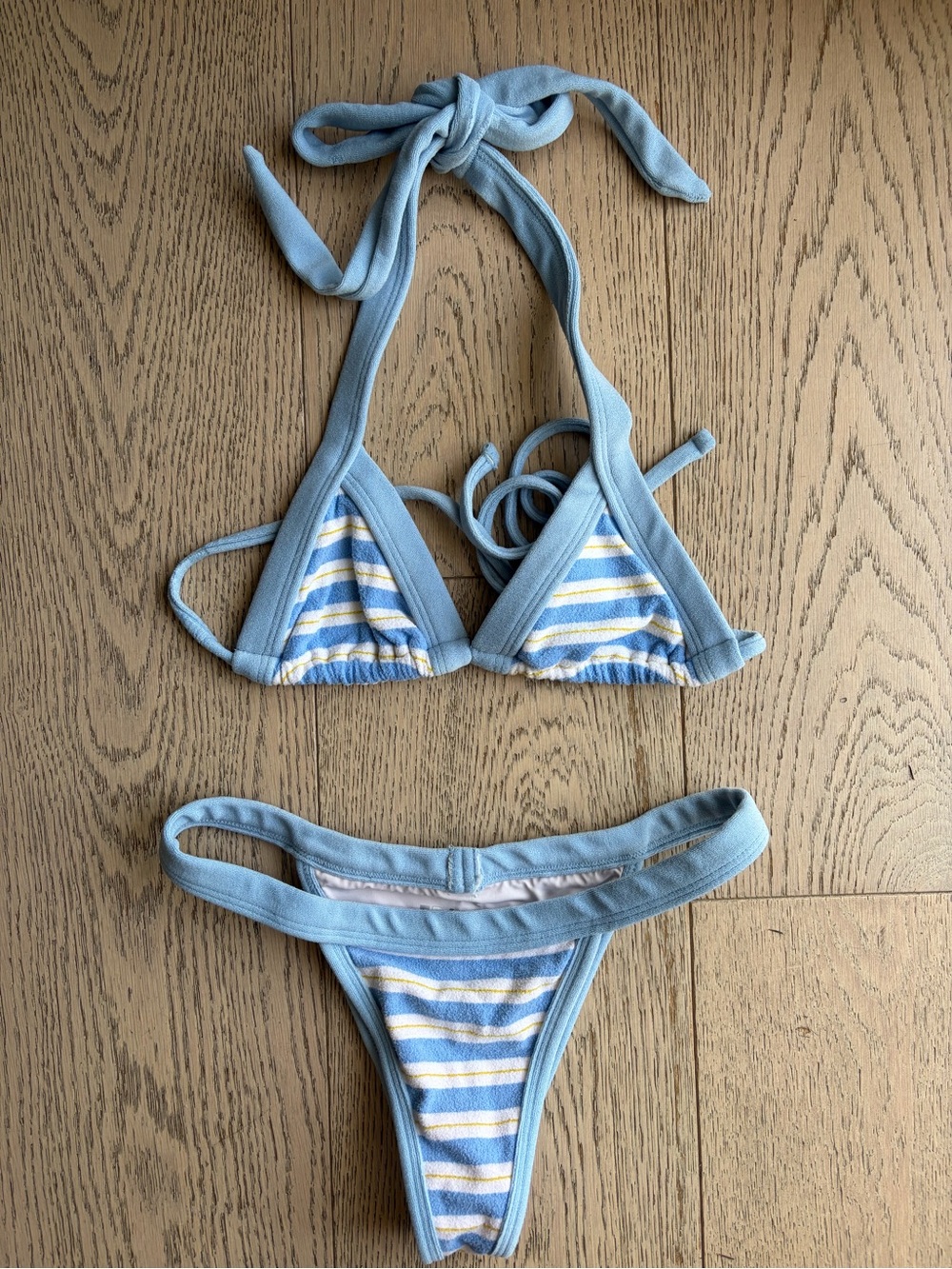 Frankie's Bikinis Light Blue & White Striped Triangle Bikini with Yellow Accents